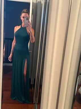Emerald Green Backless Halter Maxi Dress with Ring Accents